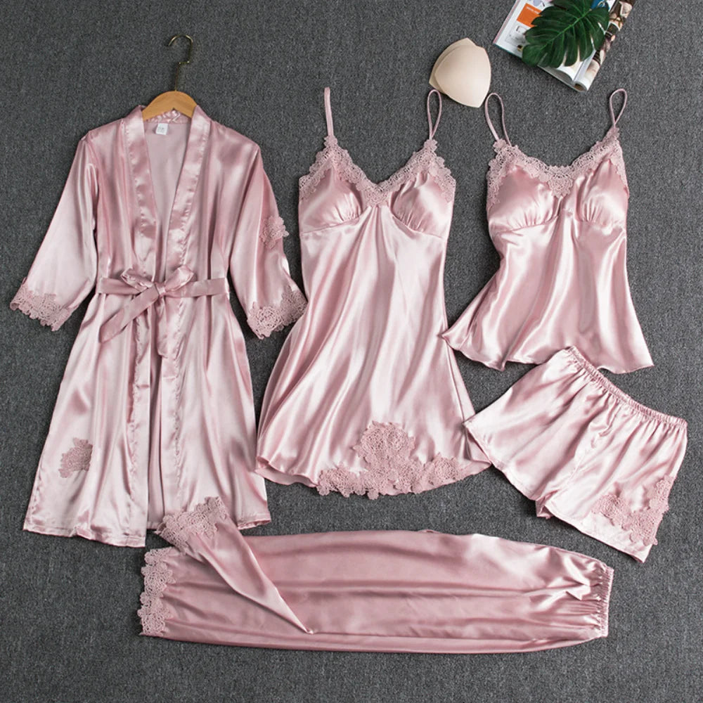 5PC Silk Robe Sleep Suit Women's Lace Satin Pajamas Gown Set V-Neck Cami Nighties Wear Pajama Home Nightwear Spring Nightdress