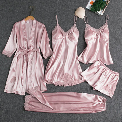 5PC Silk Robe Sleep Suit Women's Lace Satin Pajamas Gown Set V-Neck Cami Nighties Wear Pajama Home Nightwear Spring Nightdress