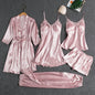 5PC Silk Robe Sleep Suit Women's Lace Satin Pajamas Gown Set V-Neck Cami Nighties Wear Pajama Home Nightwear Spring Nightdress