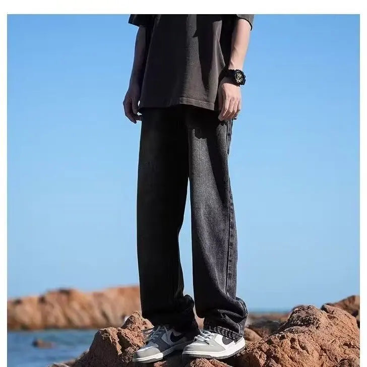 New Retro Washed Large Medium High Waist Men's Straight Blue Men's Trendy Denim Long Pants Men's Clothing Pantalon Homme Jean