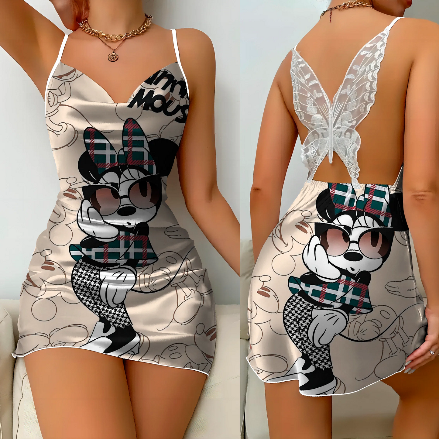 Mini Dress Pajama Skirt Bow Knot Party Dresses Satin Surface Minnie Mouse Disney Mickey Women's Fashion Summer 2025 Elegant Women