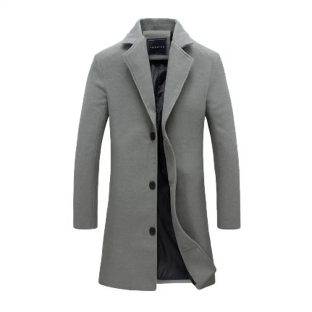 Breathable Woolen Coat Men's Woolen Coat with Formal Suit Collar Solid Color Mid-length Jacket for Office Business Outwear Lapel