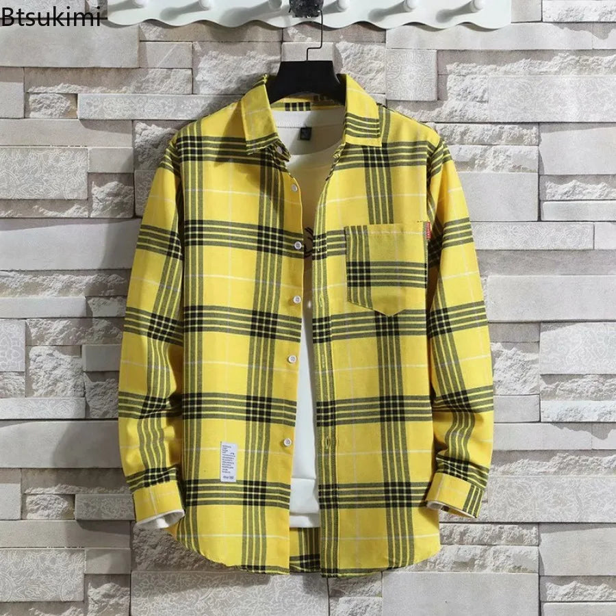 Spring New Korean Style Plaid Shirts Men's Handsome Long-sleeved Loose Casual All-matching Shirt Coats 2025 Trend Men's Clothing