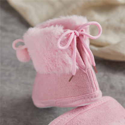 Suefunskry Toddler Baby Girls Boys Boots Winter Warm Soft Sole Fluffy Lace up Boots Cute Plush Pom Decoration Non Slip Shoes