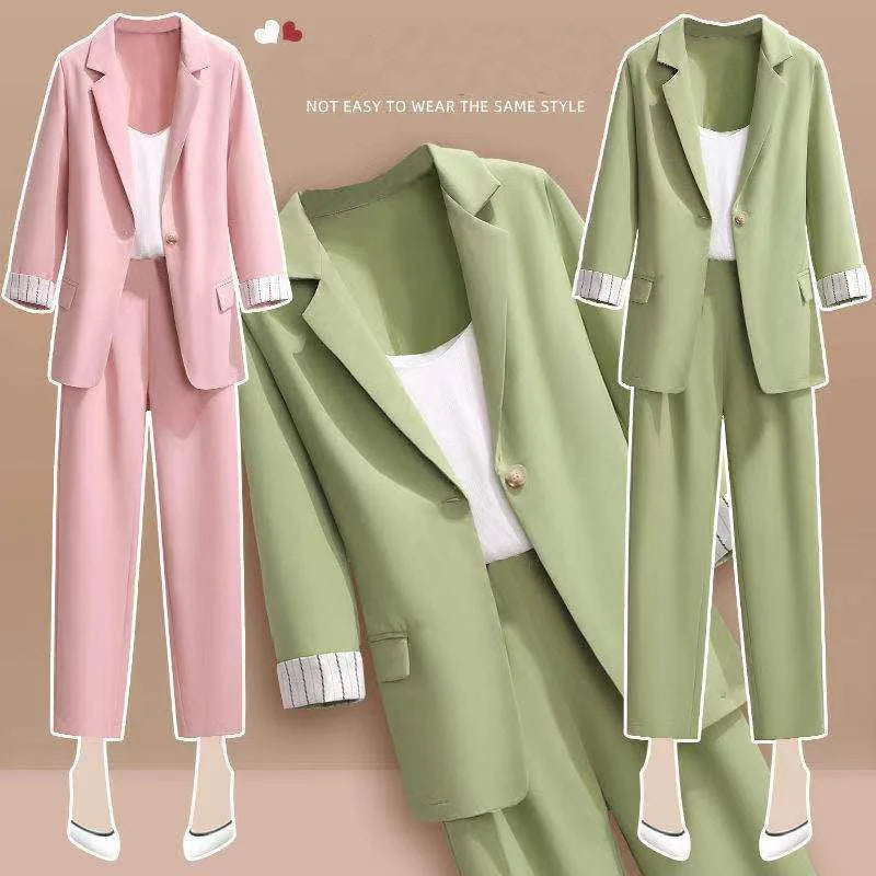 2025 spring new plus size Korean elegant women's suit female blazer leisure pants Tweed suit jacket three piece jacket pants set