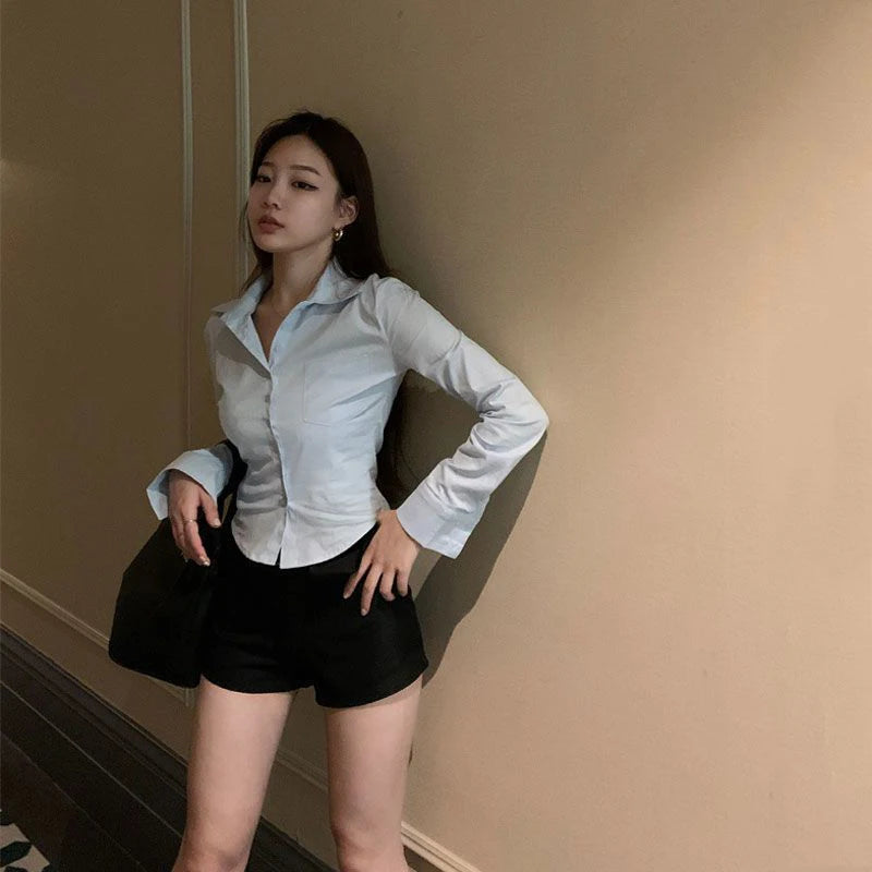 Korean White Office Women Chiffon Shirt Pocket Button Lapel Ladies Blouse Spring Commuter Long Sleeve New Female Crop Tops