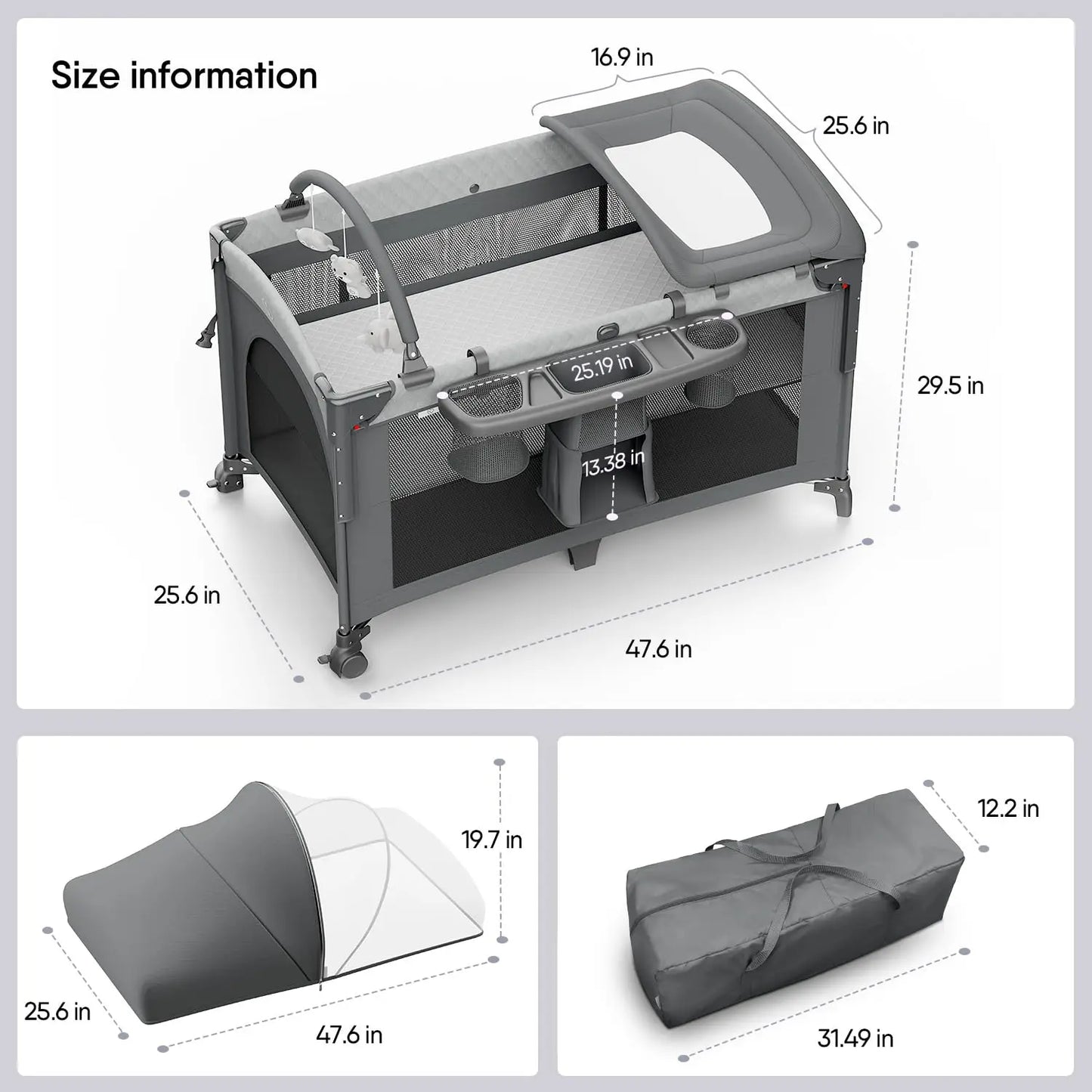 4 in 1 Baby Bassinet, Pack and Play, Bedside Crib Sleeper, Diaper Changer - Comes with Mattress, Mosquito Net Bottom Storage