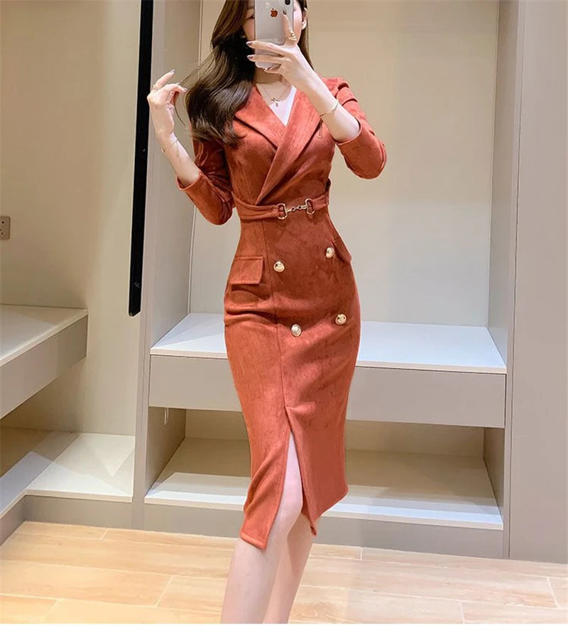Office Lady Sexy Slim Blazer Dress Women Spring Korean Notched Collar Split Evening Party Dresses Elegant Midi Vestido De Fiest