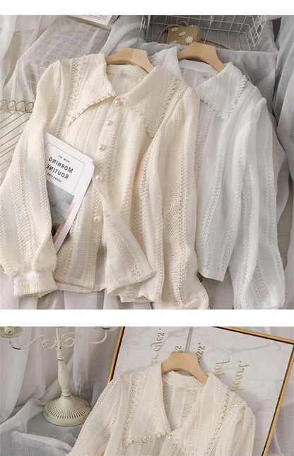 Shirts Women Peter Pan Collar Hollow Out Fashion Tender Sweet Solid Young French Style Elegant Ins Топ Женский New Arrival Chic