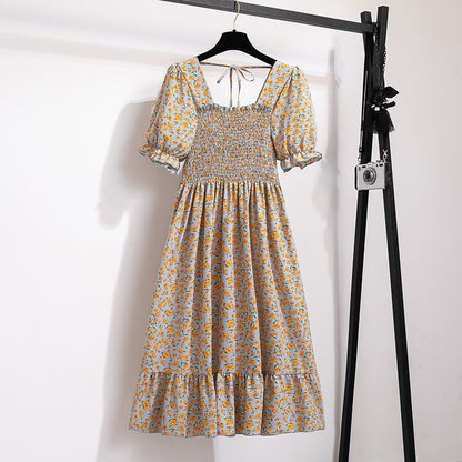 Summer Pleated Women Chiffon Dresses Casual Beach Holiday Short Sleeve Square Collar Woman Midi Dress Bohemian