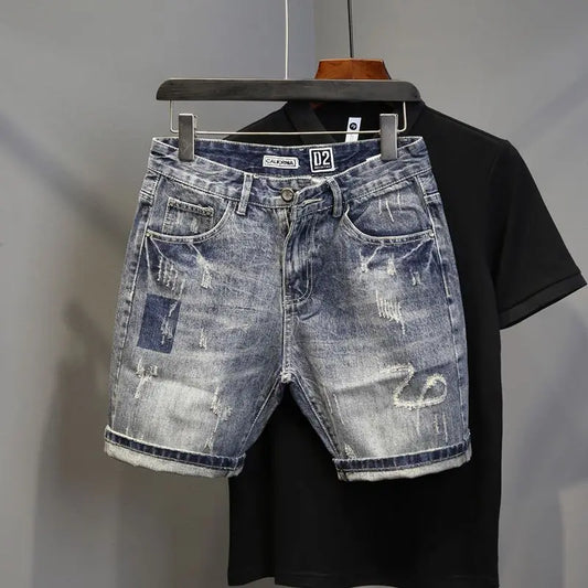 Korean Luxury Clothing Men's Summer Denim Knee Length Shorts 2025 Fashion Designer Ripped Hole Cowboy Korean Slim Short Pants