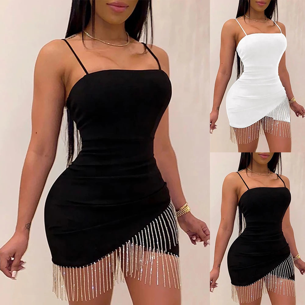 Birthday Woman Party Night Tassel Split Dress Short Sexy Dresses Summer Elegant Sleeveless Bodycon Solid Color White/Black