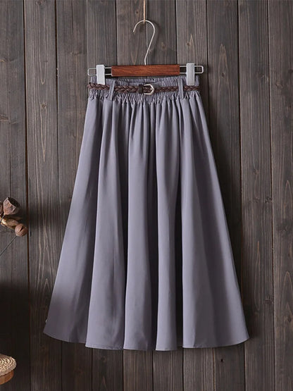 Midi Knee Length Summer Skirt Women With Belt  Fashion Korean Ladies High Waist Pleated A-line School Skirt Female