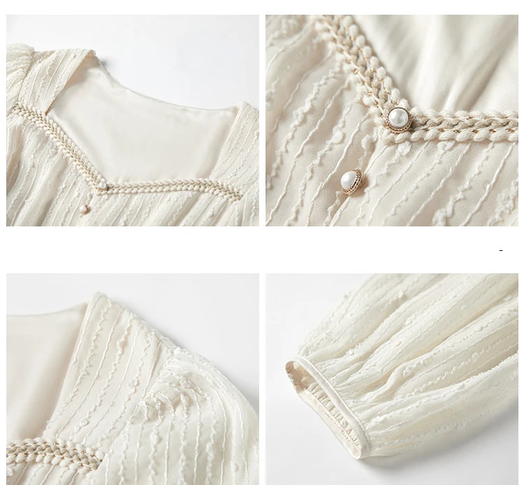 2025 Summer New Women Fashion Elegant White Midi Dresses Vintage Princess Female Party A Line Clothes Prom Robe Vestdios