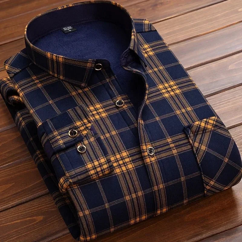 New 2025 Men's Thick Long Sleeve Shirts Fashion Casual Business Versatile Shirts Tops Men Plaid Striped Warm Shirts Camisas Male