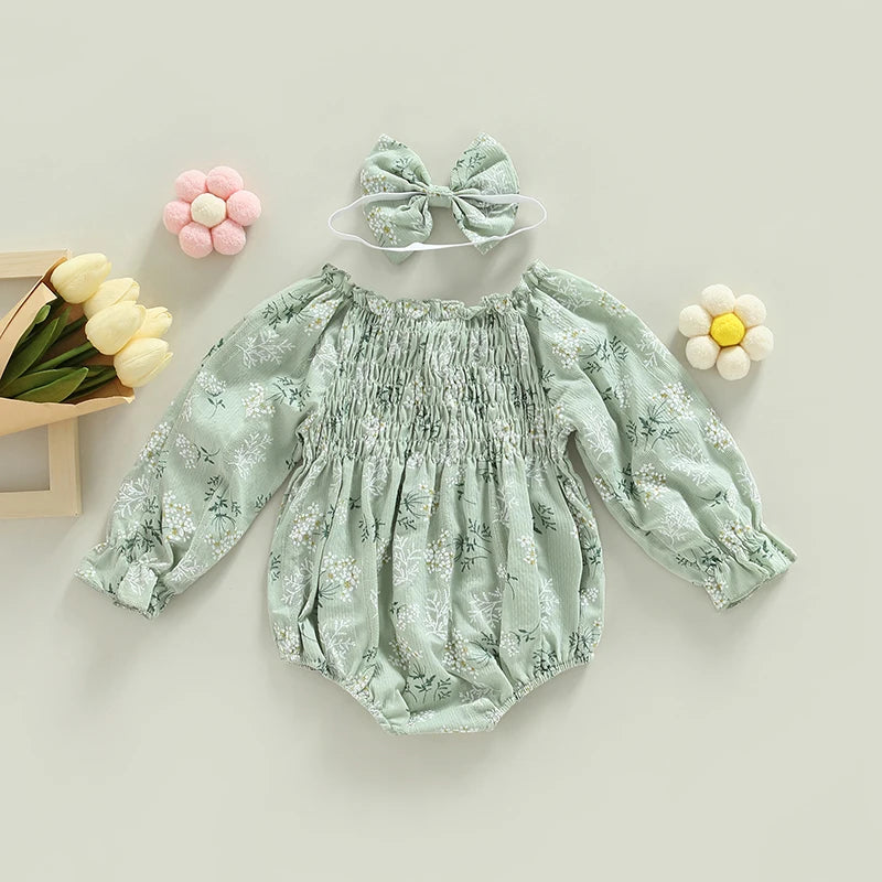 Tregren Infant Baby Girls Valentine's Day Romper Heart Print Long Sleeve Boat Neck Jumpsuits Spring Fall Bodysuits with Headband