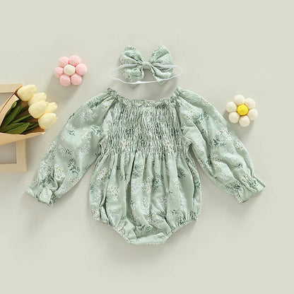 Tregren Infant Baby Girls Valentine's Day Romper Heart Print Long Sleeve Boat Neck Jumpsuits Spring Fall Bodysuits with Headband