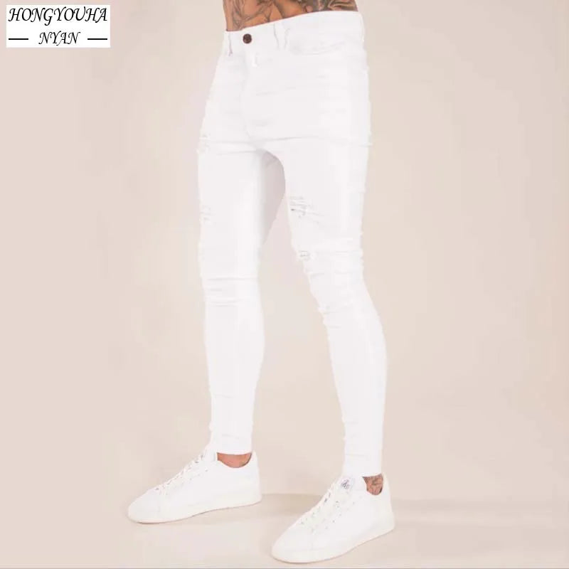 Men's Stretchy Ripped Skinny Embroidered Jeans Men's White Pants Destroyed Hole Slim Fit Denim High Quality Hip Hop Men trousers