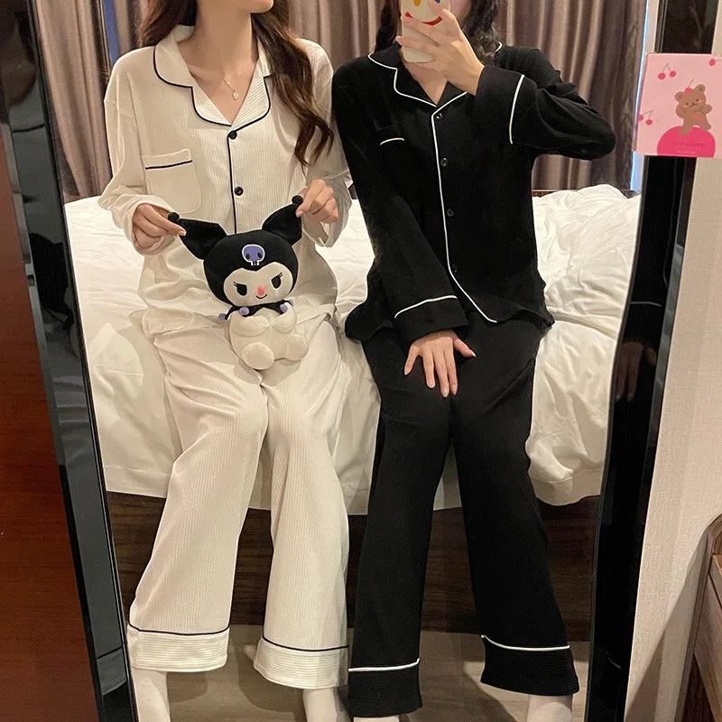 Black Sleepwear Women Pajama Sets Korean Pajama Autumn Pants Sets for Women 2 Pieces Button Night Wears Long Sleeve Home Suit