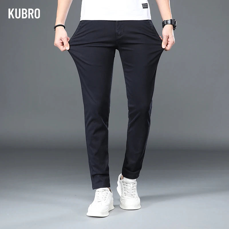 KUBRO Korean Style Cotton Soft Elastic Slim Straight Trousers Summer Thin Office Fashion Versatile Men's Business Casual Pants