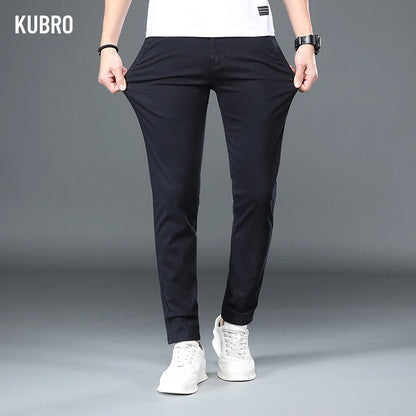 KUBRO Korean Style Cotton Soft Elastic Slim Straight Trousers Summer Thin Office Fashion Versatile Men's Business Casual Pants
