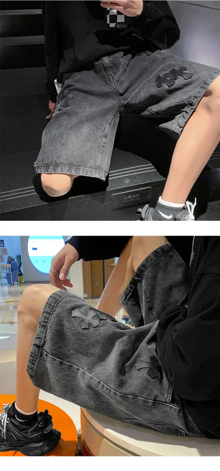 American cross-print denim shorts men's summer thin Hong Kong style loose trousers trendy brand retro casual mid-pants y2k tops