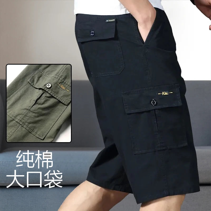 Men's Cargo Shorts Knee Pants Zipper Pocket Summer Cotton Shorts Climbing Jogger Elastic Waist Sports Wear