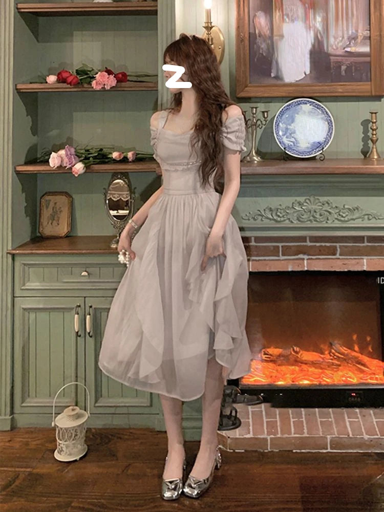 Korean Casual Midi Dress for Women 2025 New Summer Fashion Elegant Off The Shoulder Folds Ruffle Female Clothes Birthday Dress