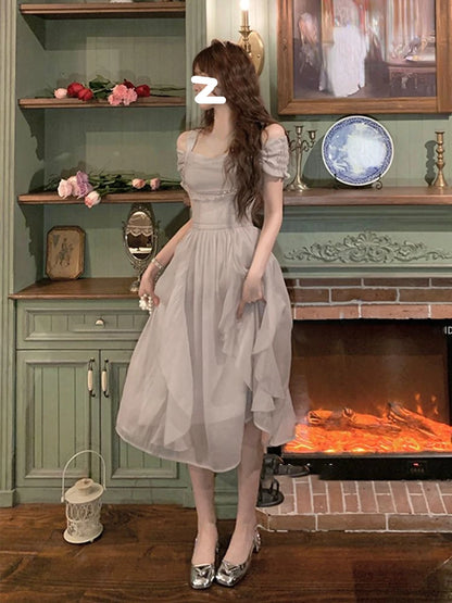 Korean Casual Midi Dress for Women 2025 New Summer Fashion Elegant Off The Shoulder Folds Ruffle Female Clothes Birthday Dress