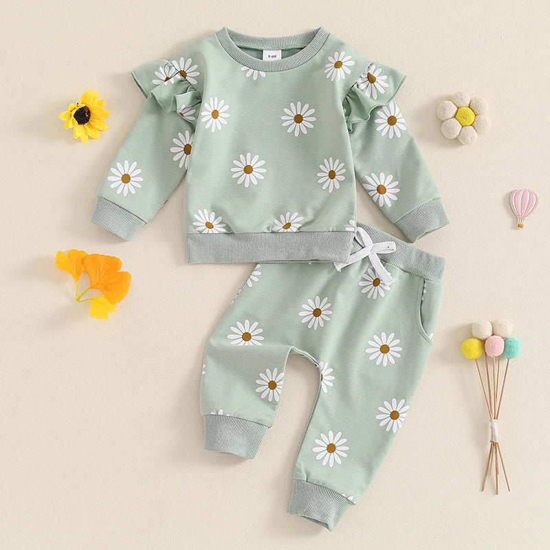 2025 Lorrainian Toddler Girl Fall Outfit Daisy Print Long Sleeve Sweatshirt with Elastic Waist Pants 2 Pcs Set