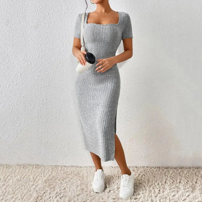 Women Summer Dress Split Hem Knitted Elastic Mid-calf Length Knitted Slit Dress Lady Party Commute Casual Ins Style Midi Dress