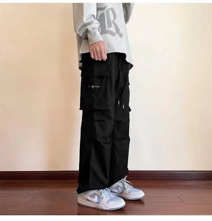 New Overalls Men's Spring Summer Retro High Street Casual pants Large Pocket Trousers Loose Straight Tube Draped Wide-leg Pants