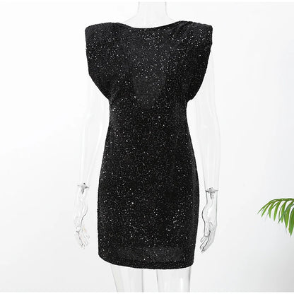 Elegant Woman Black Shiny Sleeveless Mini Dress Sexy Lace Up O Neck Slim Waist Short Dresses New Evening Party Vestidos 2025