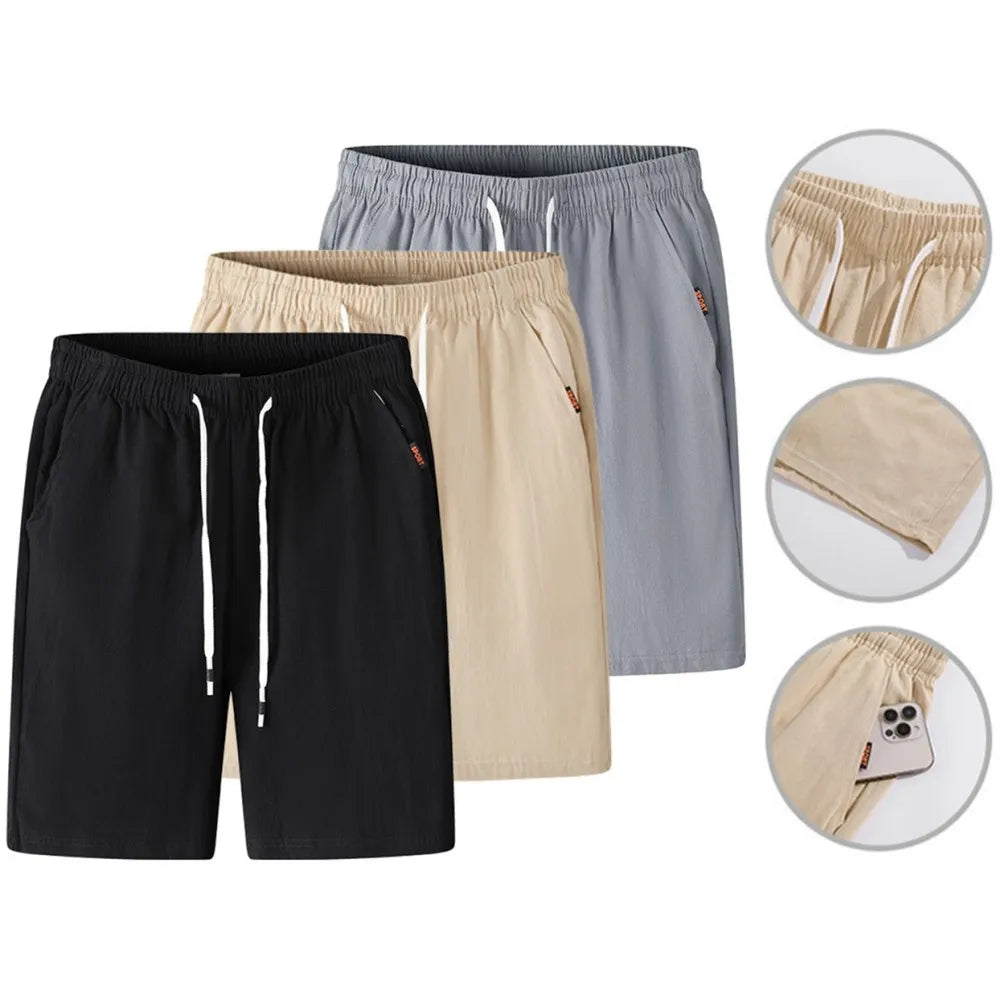 New Men's Cotton Linen Shorts Pants Male Summer Breathable Solid Color Linen Trousers Fitness Streetwear Loose Lace up Bottoms