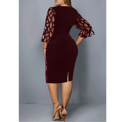 Elegant Sequin Plus Size 4XL 5XL Women Midi Dress Sexy Casual Evening Party Dress Gown Wedding Luxury Robe Rouge Vestidos