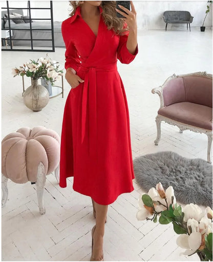 Office Women Casual Sashes A-Line Wrap Summer Dress 2025 Print Long Sleeve V-Neck Dress Pocket Elegant Midi Party Dress Vestidos