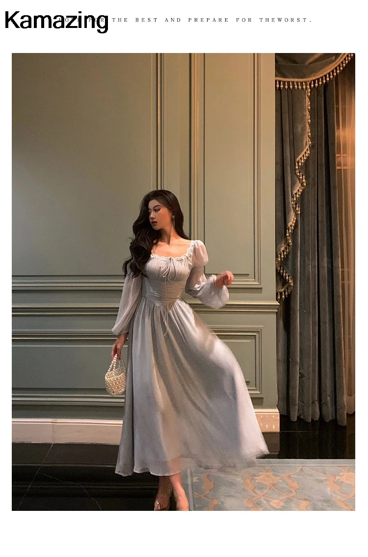 Elegant Square Collar Lace Dress Princess Evening Party Midi Dresses Women Autumn High Waist A-line Prom Robe One Piece Vestidos