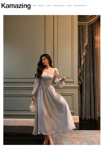 Elegant Square Collar Lace Dress Princess Evening Party Midi Dresses Women Autumn High Waist A-line Prom Robe One Piece Vestidos