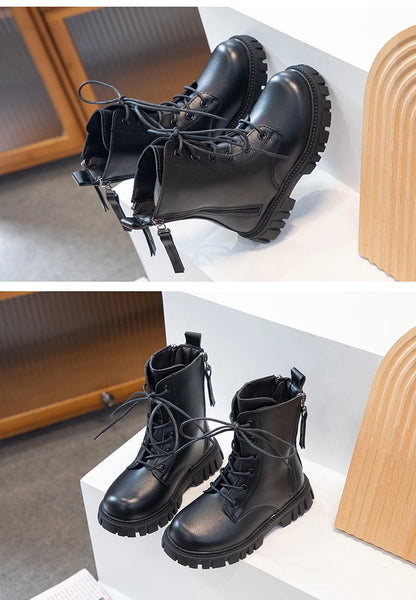 Girls Boots Simple Non-slip Back Zipper Summer Breathable Versatile Soft Autumn Winter Black Children Leather Boots 2025 New