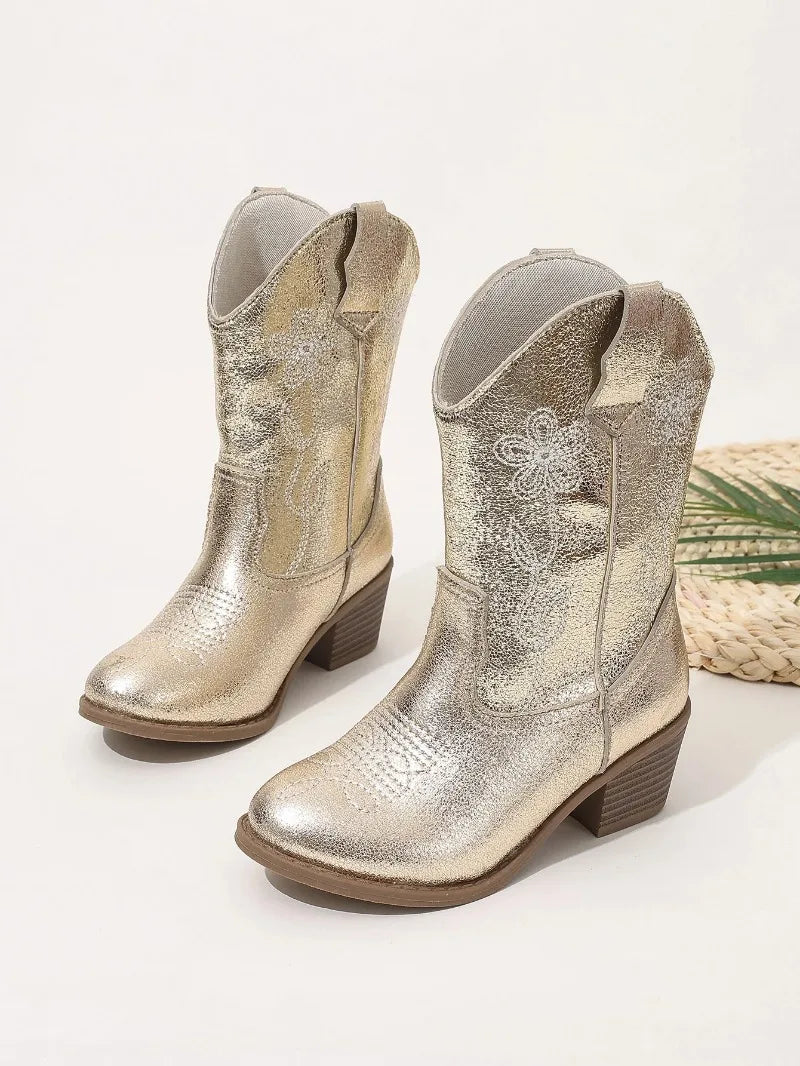 Luxury Gold Silver Western Knee High Boots Girls Premium Quality Slip-on Cowboy Long Booties Kids Heeled Point Toe Floral Botas