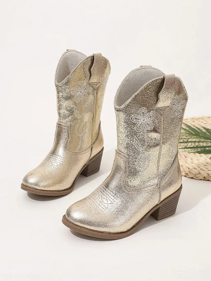 Luxury Gold Silver Western Knee High Boots Girls Premium Quality Slip-on Cowboy Long Booties Kids Heeled Point Toe Floral Botas