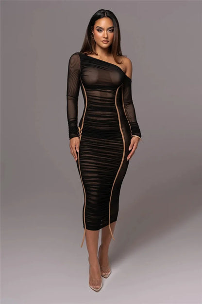 Diagonal Collar Long Sleeve Midi Dress For Women Two Layer Mesh Backless Ruched Bodycon Club Party Sexy Long Dress