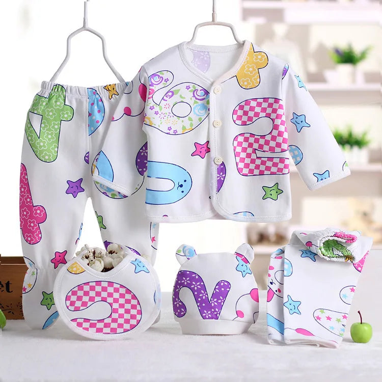 5Piece Sets Spring Autumn Newborn Girls Boy Clothes Casual Cartoon Cute Print Cotton Tops+ Pants Baby Boutique Clothing BC1477-1