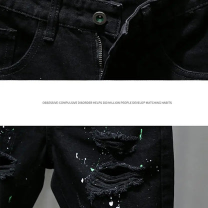 Fashion Summer New Casual Denim Jeans Knee Length Shorts for Men Black Cowboy Low Rise Ripped Holes Boyfriend Men's Denim Shorts