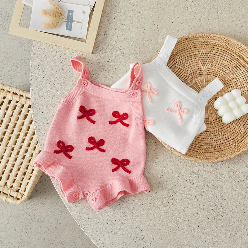 Suefunskry Baby Girl Overalls, Sleeveless Bows Pattern Knit Romper Bodysuit Spring Fall Clothes for Casual Daily