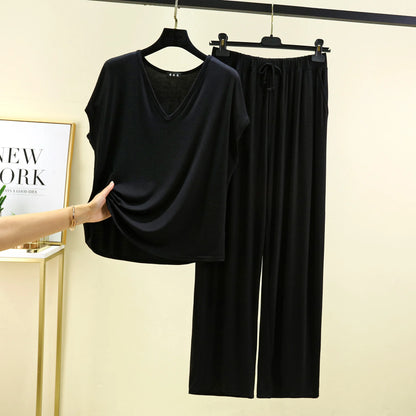 Modal Home wear 2pcs set V-Neck T-shirt sleeveless and Pants summer women's Loose sleepwear suits Solid color Casual Pajamas sets