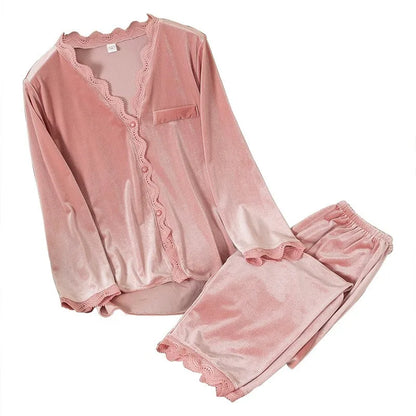 2PCS Velvet Pajamas Set For Women Winter Warm Pajama Sexy Female Valor V-neck Lace Home wear Autumn New Long Pant Pijamas Suit