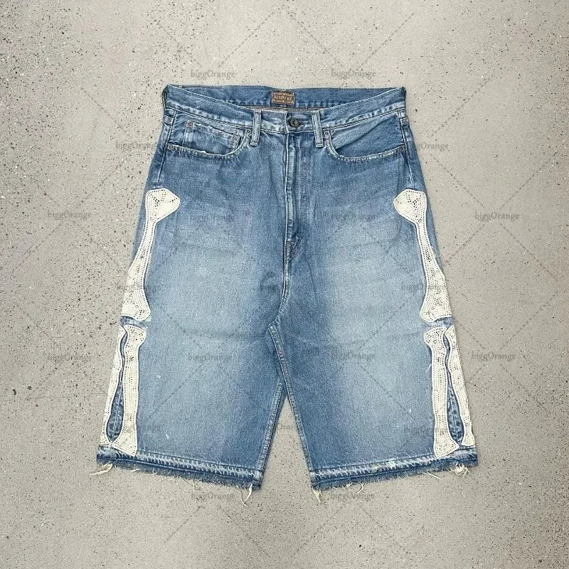 2025 European and American Summer Retro Skeleton Denim Shorts Sports Casual Shorts New Couple Wear Street Wear Five-Fifth Pants