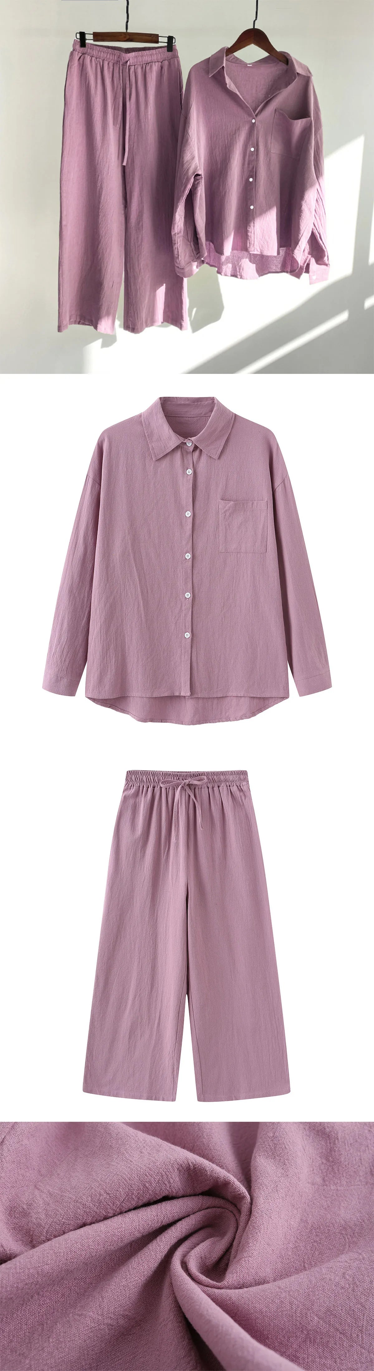 Loose Solid Color Cardigan Shirt Wide Leg Pants Women's 2-piece Set Of Retro Cotton Linen Shirt High Waist Long Pants Set Outfit