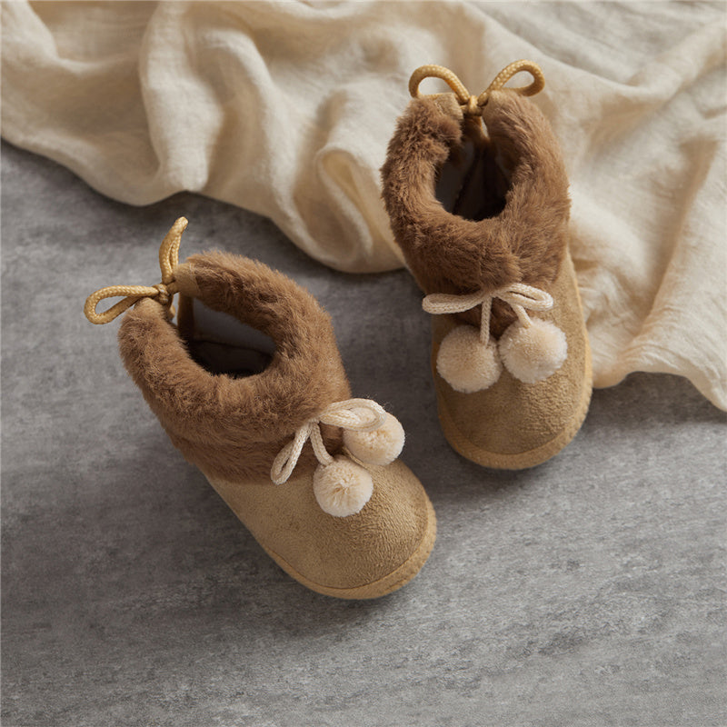 Suefunskry Toddler Baby Girls Boys Boots Winter Warm Soft Sole Fluffy Lace up Boots Cute Plush Pom Decoration Non Slip Shoes